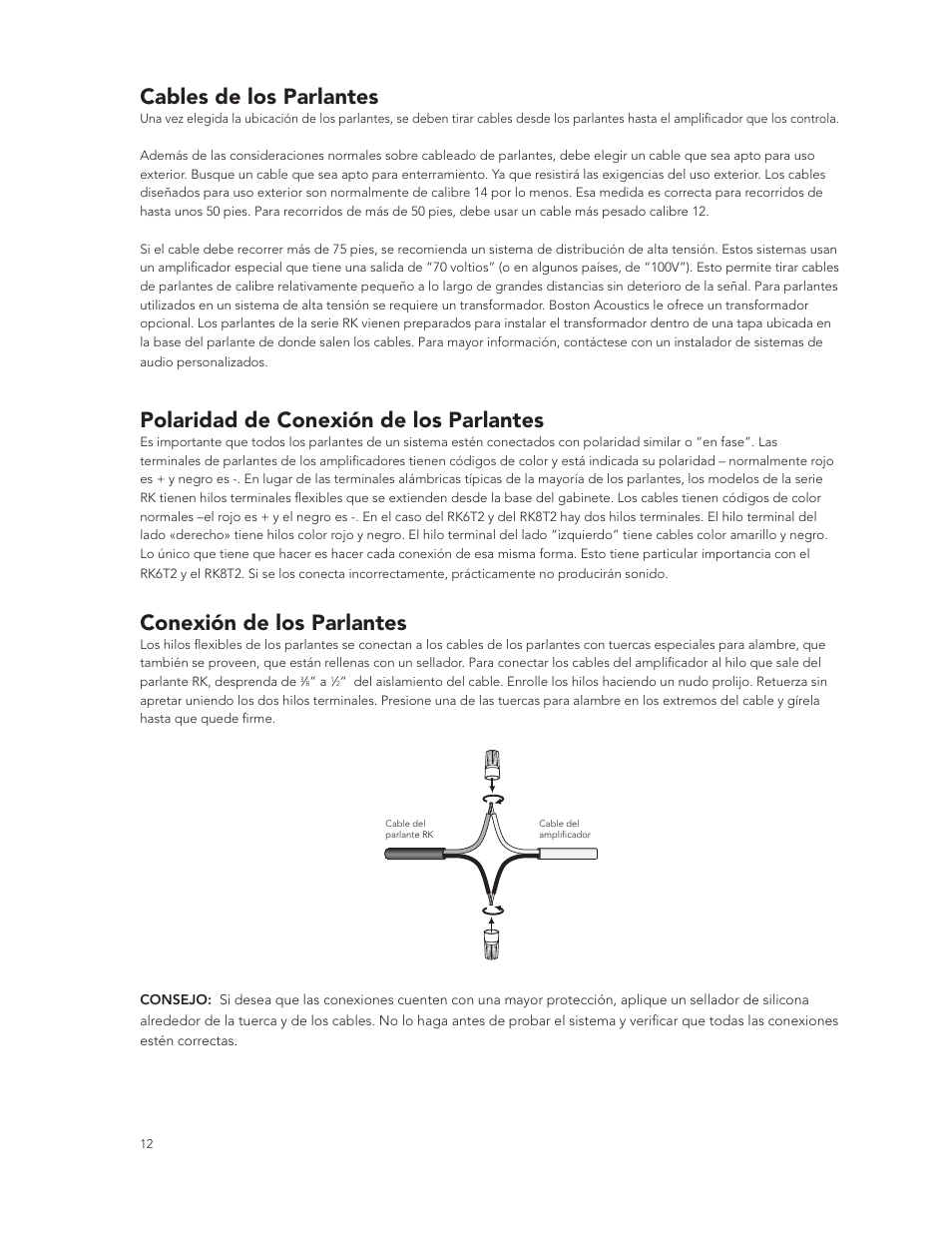 Cables de los parlantes, Polaridad de conexión de los parlantes, Conexión de los parlantes | Boston Acoustics RK8T2 User Manual | Page 12 / 25