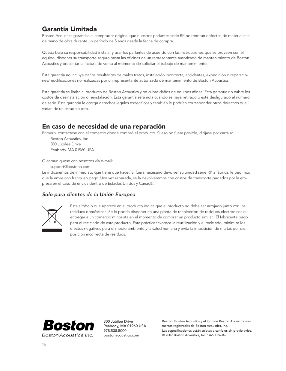 Garantía limitada, En caso de necesidad de una reparación | Boston Acoustics RK8T2 User Manual | Page 16 / 25