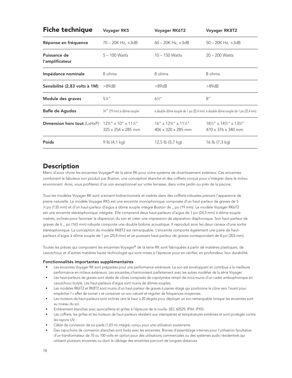 Fiche technique, Description | Boston Acoustics RK8T2 User Manual | Page 18 / 25