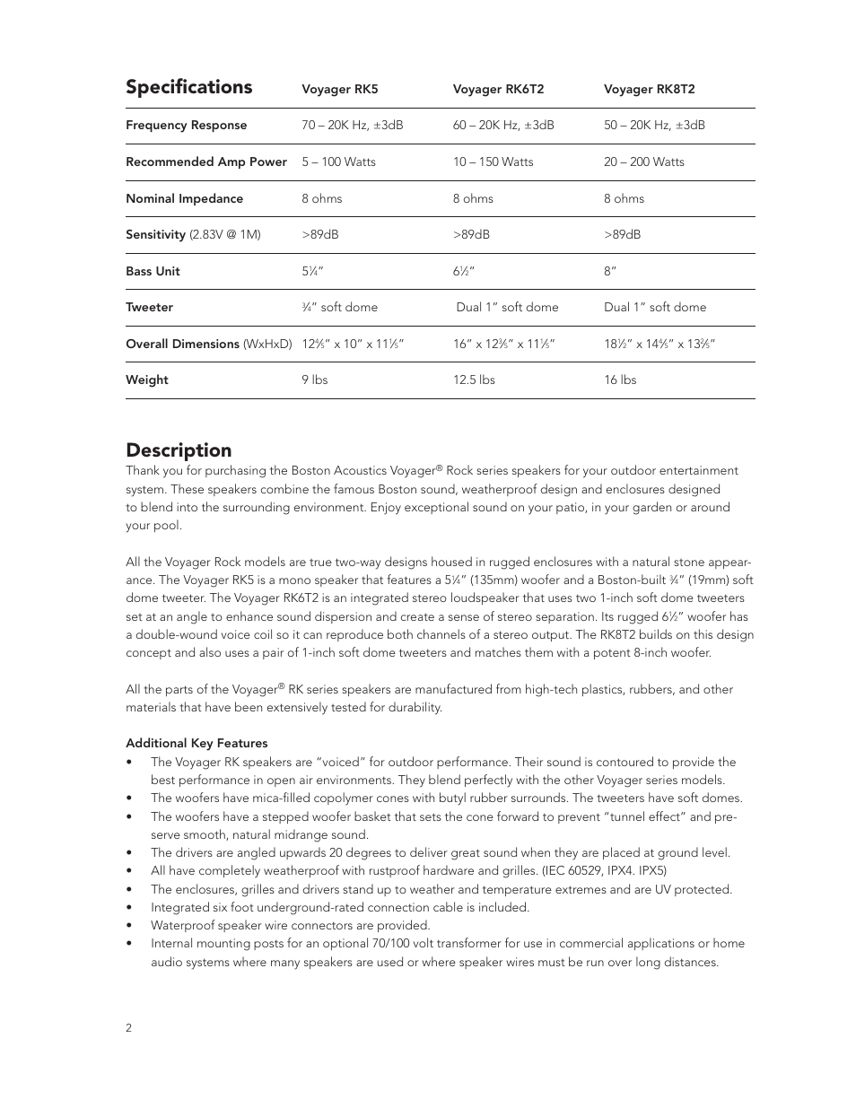 Specifications, Description | Boston Acoustics RK8T2 User Manual | Page 2 / 25