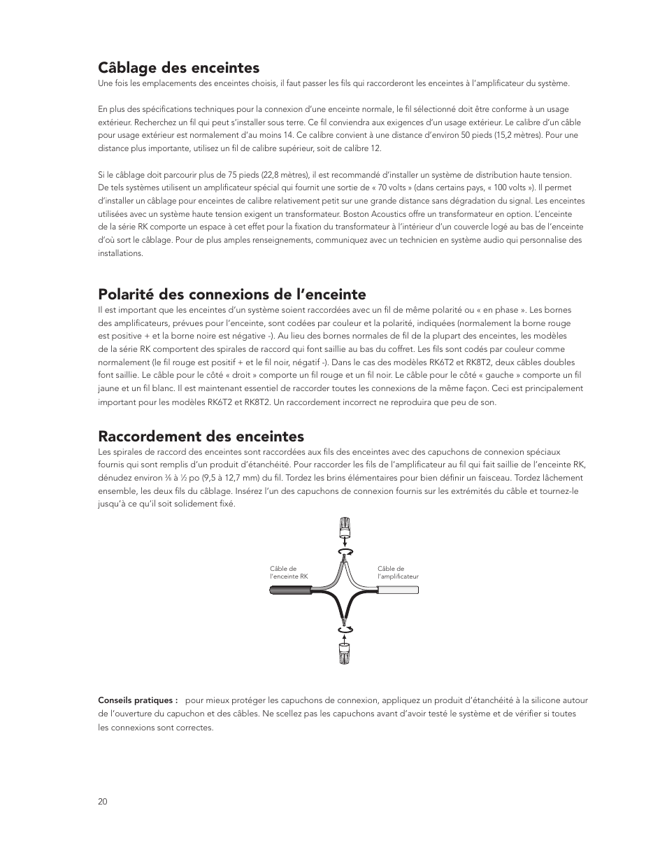 Câblage des enceintes, Polarité des connexions de l’enceinte, Raccordement des enceintes | Boston Acoustics RK8T2 User Manual | Page 20 / 25