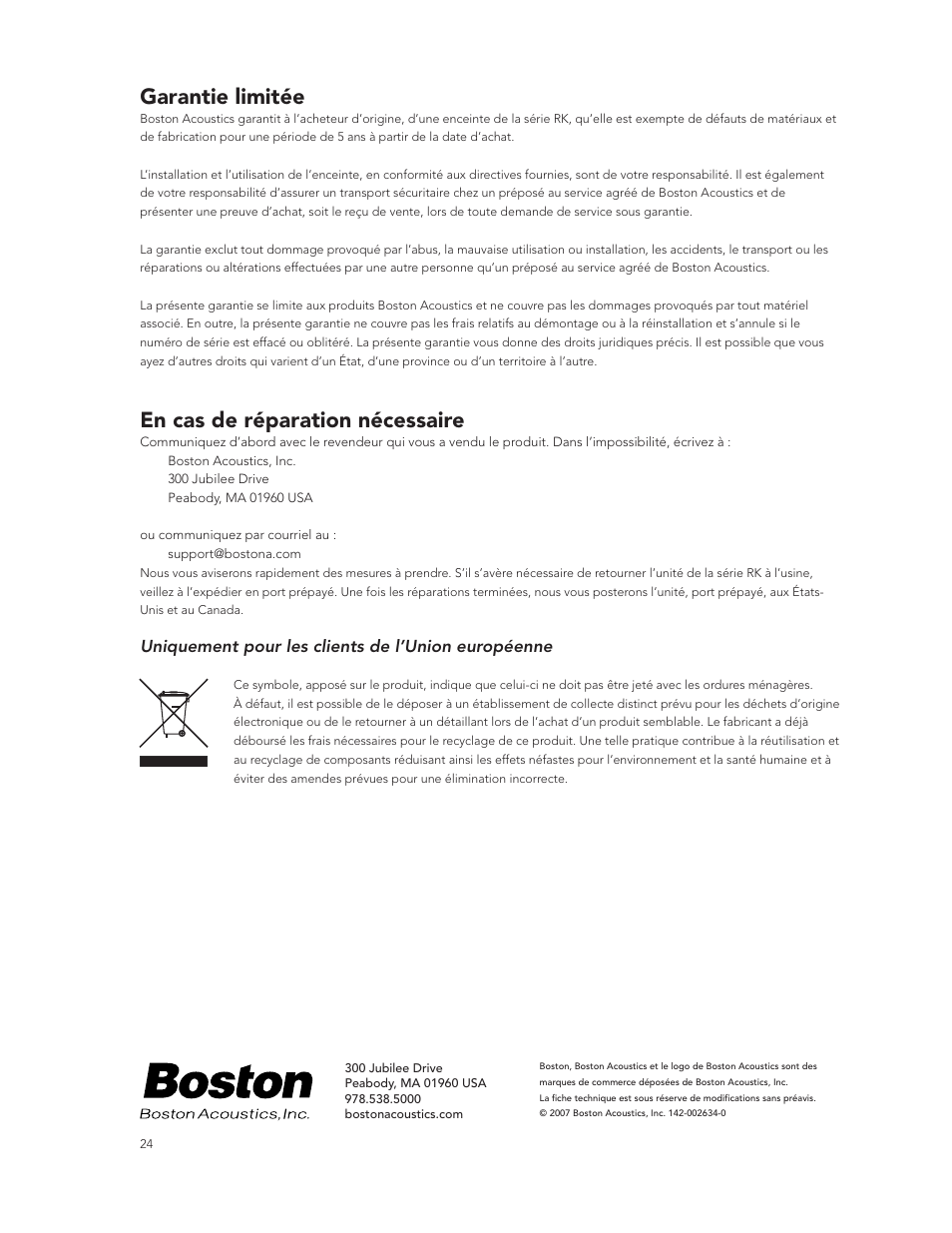 Garantie limitée, En cas de réparation nécessaire, Uniquement pour les clients de l’union européenne | Boston Acoustics RK8T2 User Manual | Page 24 / 25