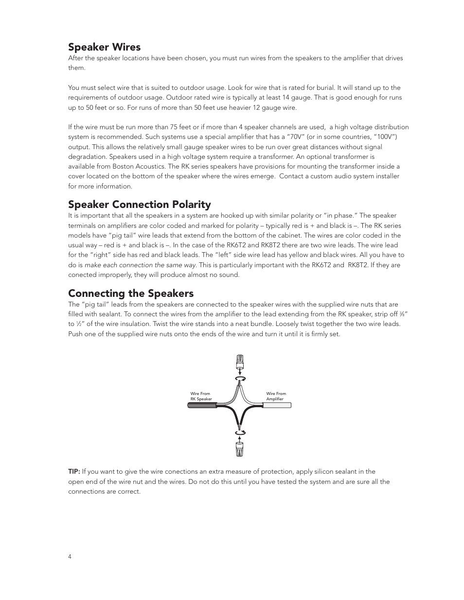 Speaker wires, Speaker connection polarity, Connecting the speakers | Boston Acoustics RK8T2 User Manual | Page 4 / 25