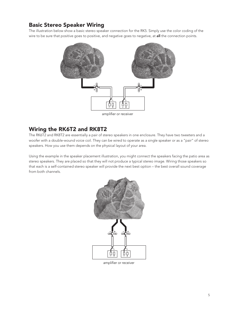 Basic stereo speaker wiring, Wiring the rk6t2 and rk8t2 | Boston Acoustics RK8T2 User Manual | Page 5 / 25