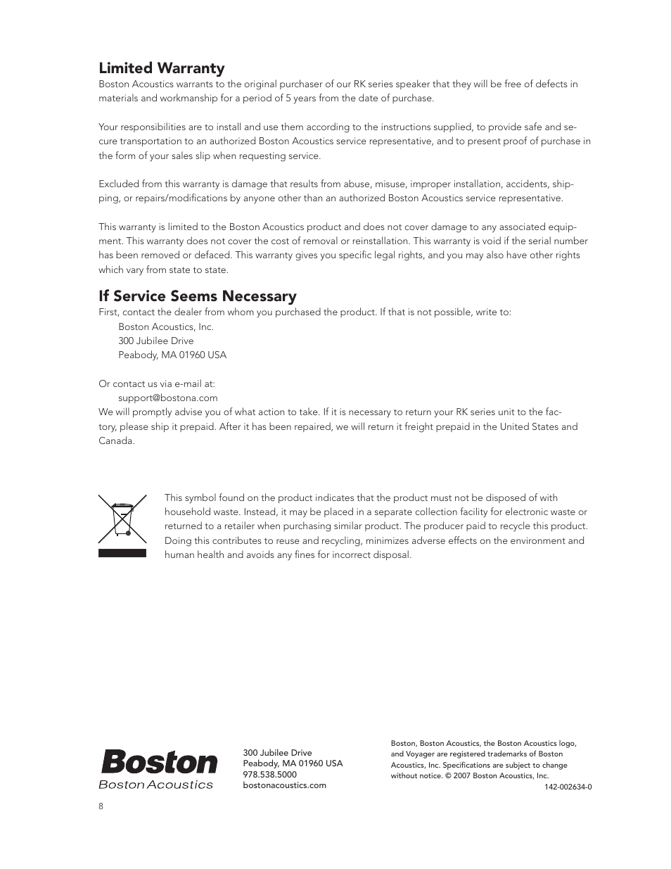 Limited warranty, If service seems necessary | Boston Acoustics RK8T2 User Manual | Page 8 / 25
