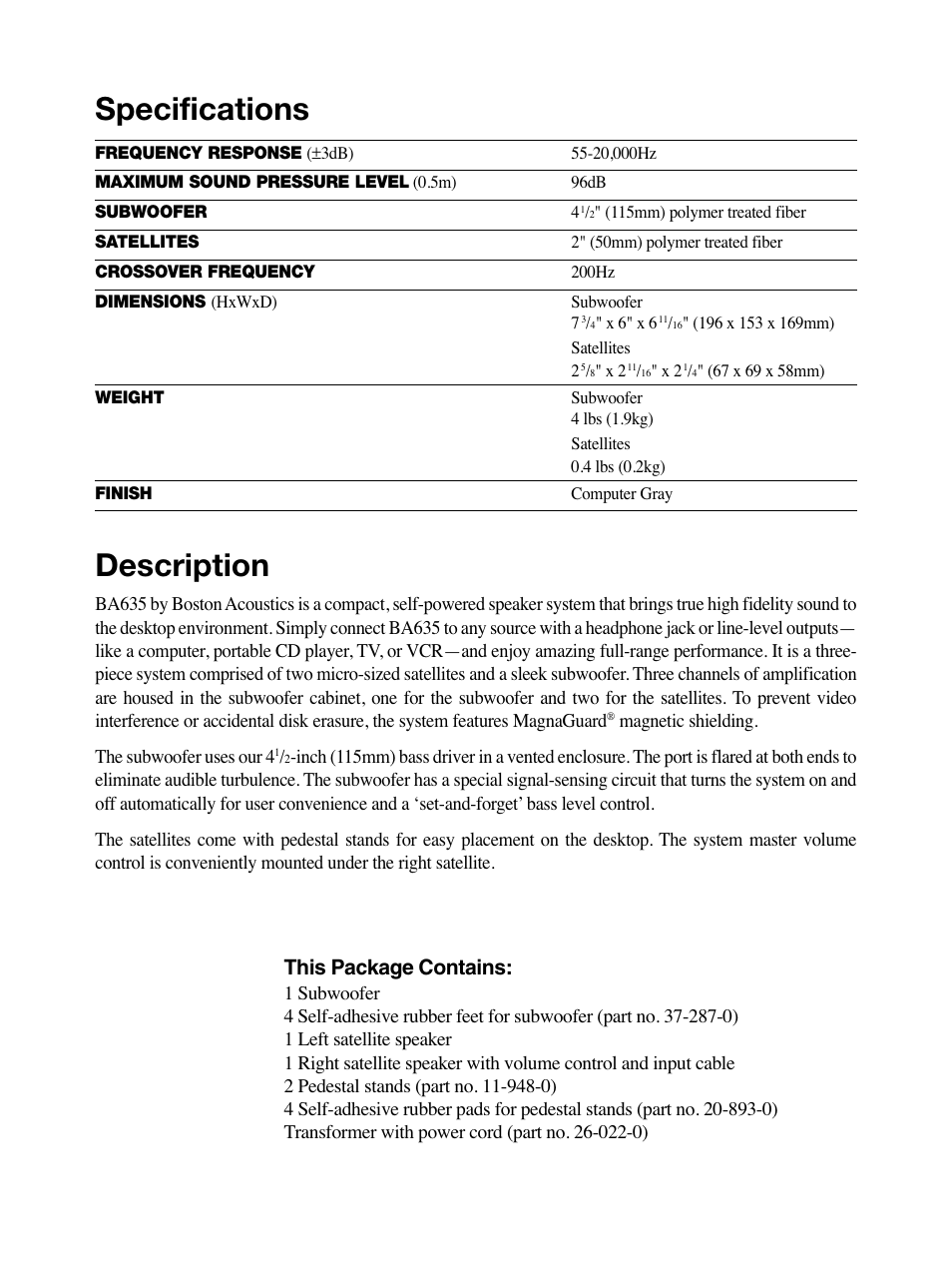 Description, Specifications, This package contains | Boston Acoustics BA 635 User Manual | Page 2 / 4
