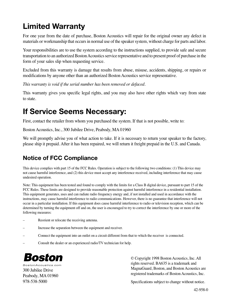 Limited warranty, If service seems necessary, Notice of fcc compliance | Boston Acoustics BA 635 User Manual | Page 4 / 4