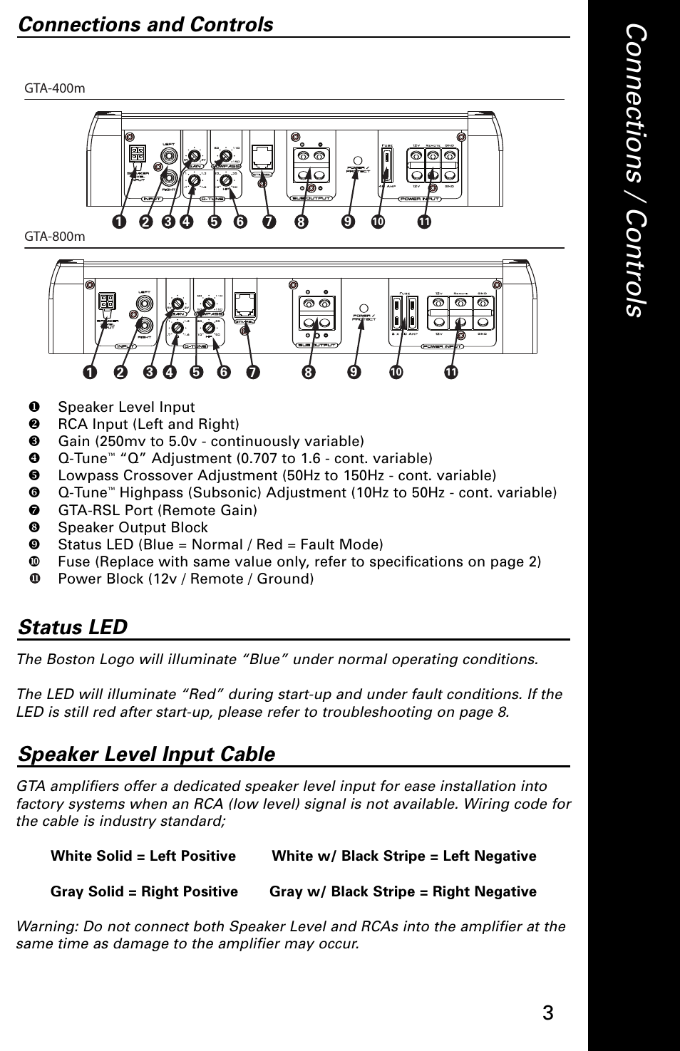 3status led, Connections and controls speaker level input cable | Boston Acoustics GTA-400M User Manual | Page 3 / 8