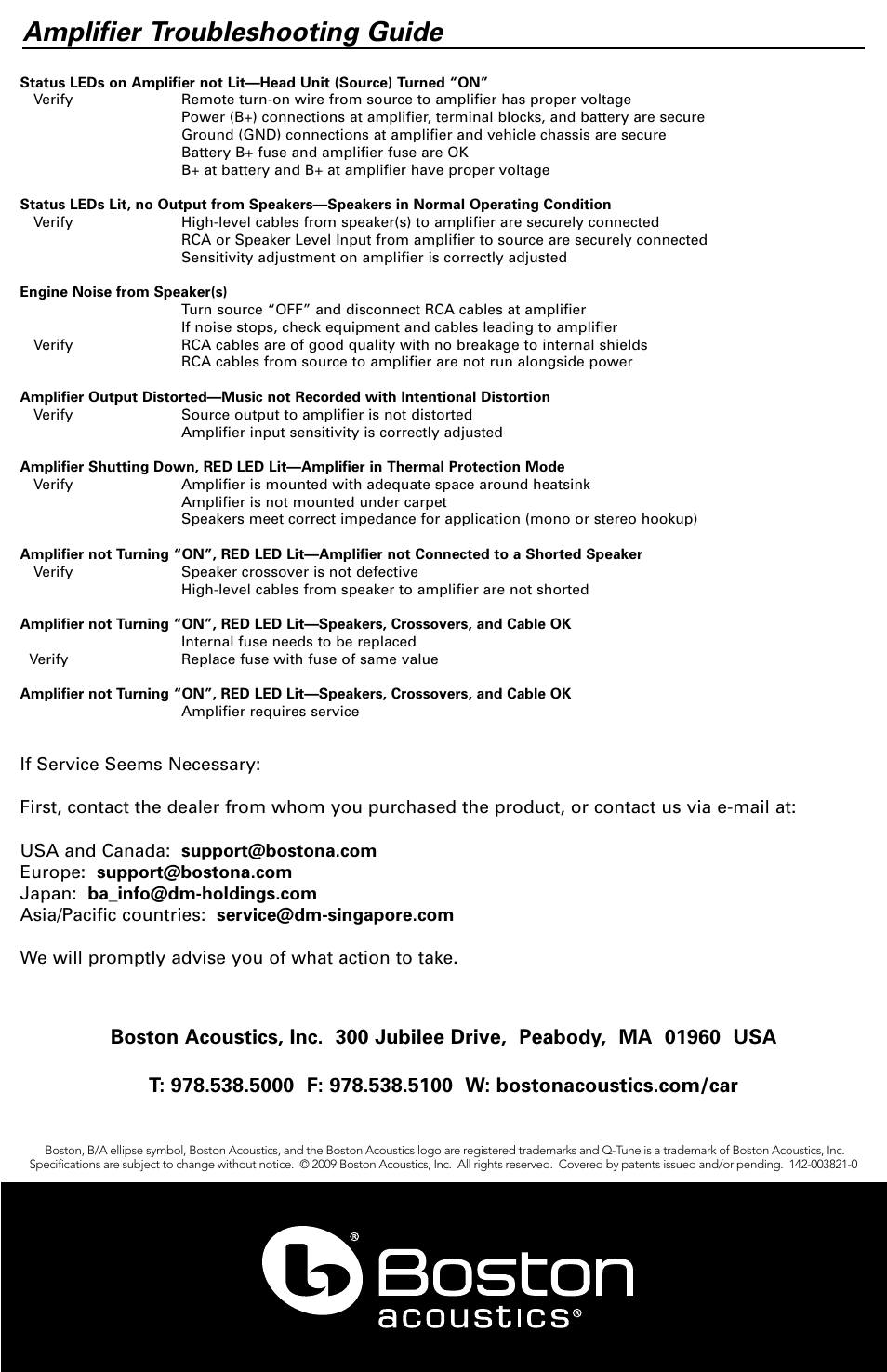 Amplifier troubleshooting guide | Boston Acoustics GTA-400M User Manual | Page 8 / 8