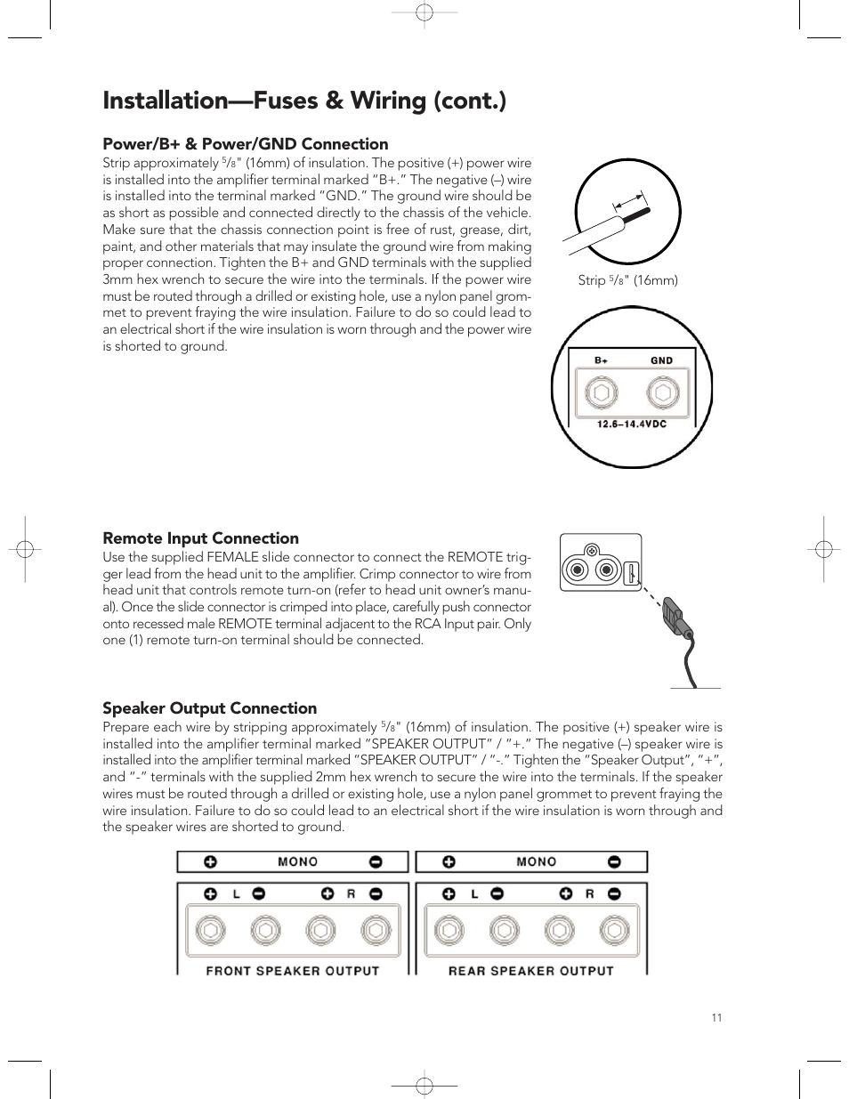 Installation—fuses & wiring (cont.), Power/b+ & power/gnd connection, Remote input connection | Speaker output connection | Boston Acoustics GT-40 User Manual | Page 11 / 19
