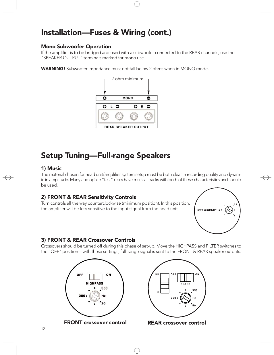 Installation—fuses & wiring (cont.), Setup tuning—full-range speakers | Boston Acoustics GT-40 User Manual | Page 12 / 19