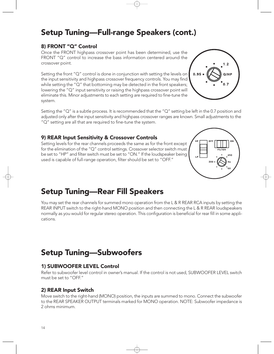 Setup tuning—full-range speakers (cont.), Setup tuning—rear fill speakers, Setup tuning—subwoofers | Boston Acoustics GT-40 User Manual | Page 14 / 19