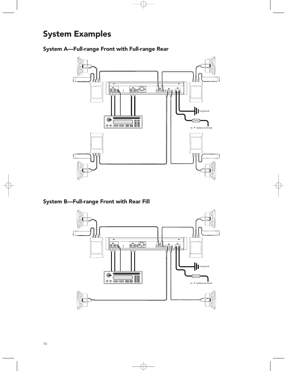 System examples, System a—full-range front with full-range rear, System b—full-range front with rear fill | Boston Acoustics GT-40 User Manual | Page 16 / 19