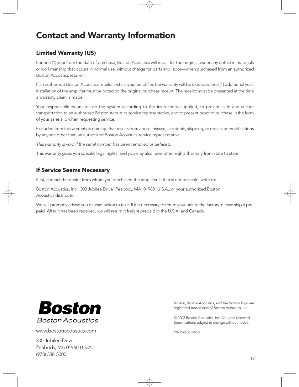 Contact and warranty information | Boston Acoustics GT-40 User Manual | Page 19 / 19