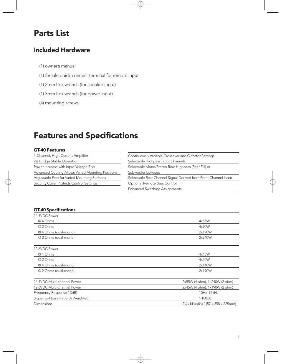 Parts list, Features and specifications, Included hardware | Boston Acoustics GT-40 User Manual | Page 3 / 19