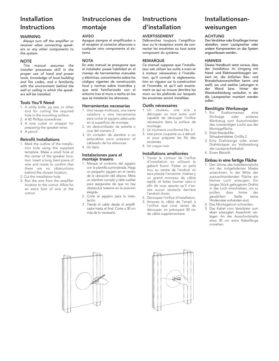 Installation instructions, Instrucciones de montaje, Instructions d’installation | Installationsan- weisungen | Boston Acoustics DSI265  EU User Manual | Page 2 / 5