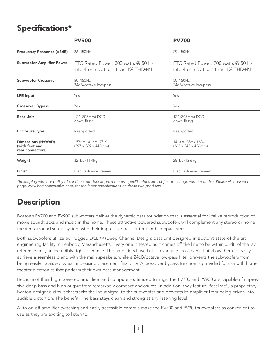 Specs, Description, Specifications | Boston Acoustics POWERED PV700 User Manual | Page 3 / 11