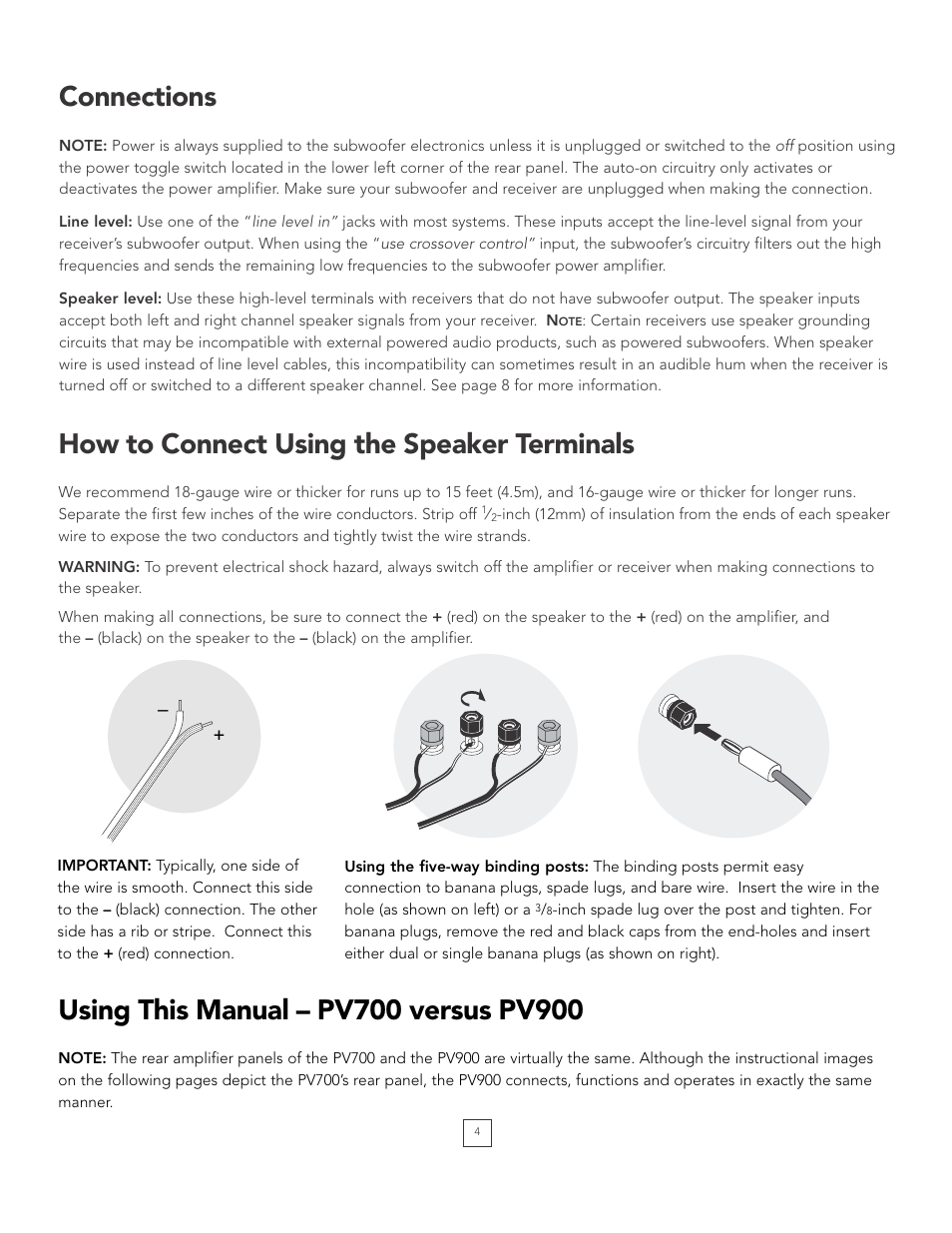 Connections, How to connect using the speaker terminals | Boston Acoustics POWERED PV700 User Manual | Page 4 / 11