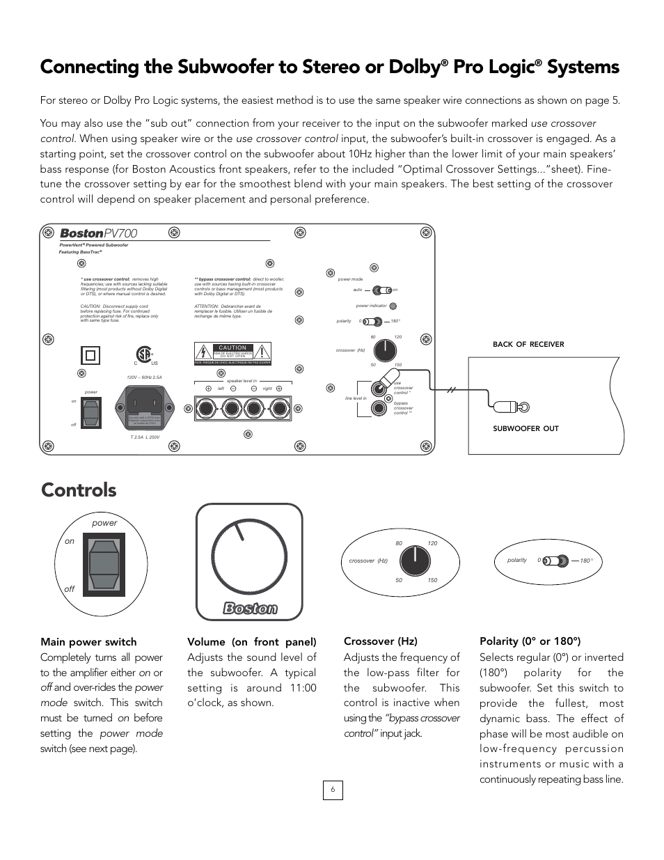 Controls, Connecting the subwoofer to stereo or dolby, Pro logic | Systems, Pv700 | Boston Acoustics POWERED PV700 User Manual | Page 6 / 11
