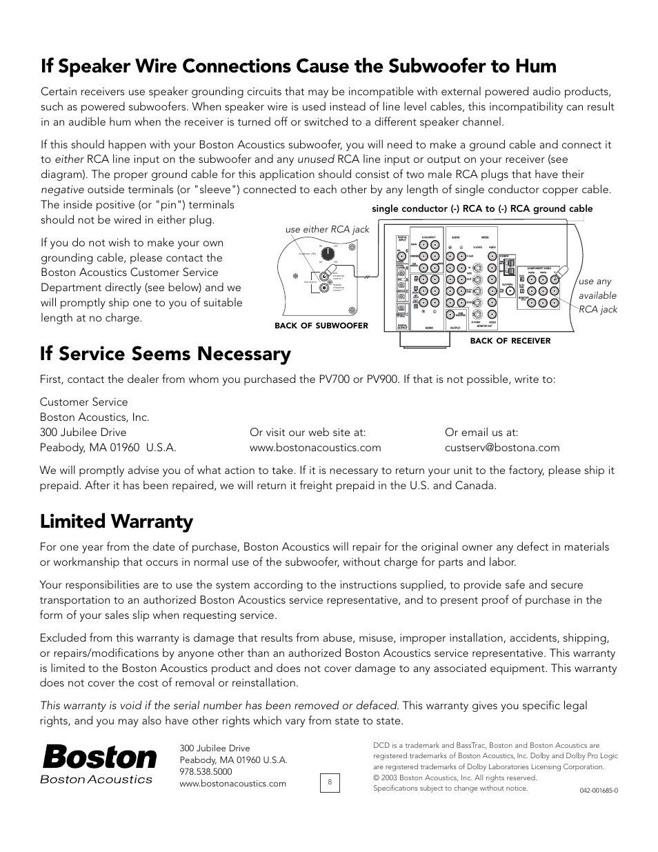 Incase of hum using speaker wires, Warranty, If service seems necessary | Limited warranty, Single conductor (-) rca to (-) rca ground cable, Use either rca jack use any available rca jack, Back of receiver back of subwoofer | Boston Acoustics POWERED PV700 User Manual | Page 8 / 11