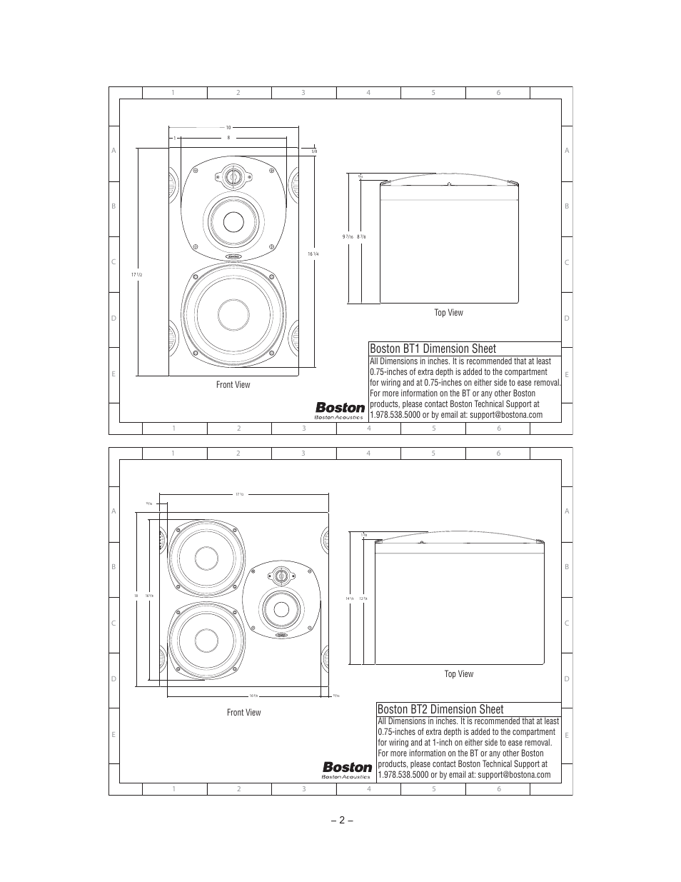 Boston bt1 dimension sheet, Boston bt2 dimension sheet, Front view | Top view | Boston Acoustics BT2 User Manual | Page 2 / 16