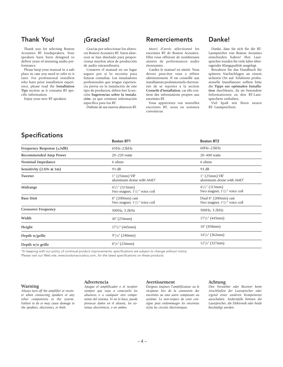 Specifications, Gracias, Remerciements | Danke, Warning, Advertencia, Avertissement, Achtung | Boston Acoustics BT2 User Manual | Page 4 / 16