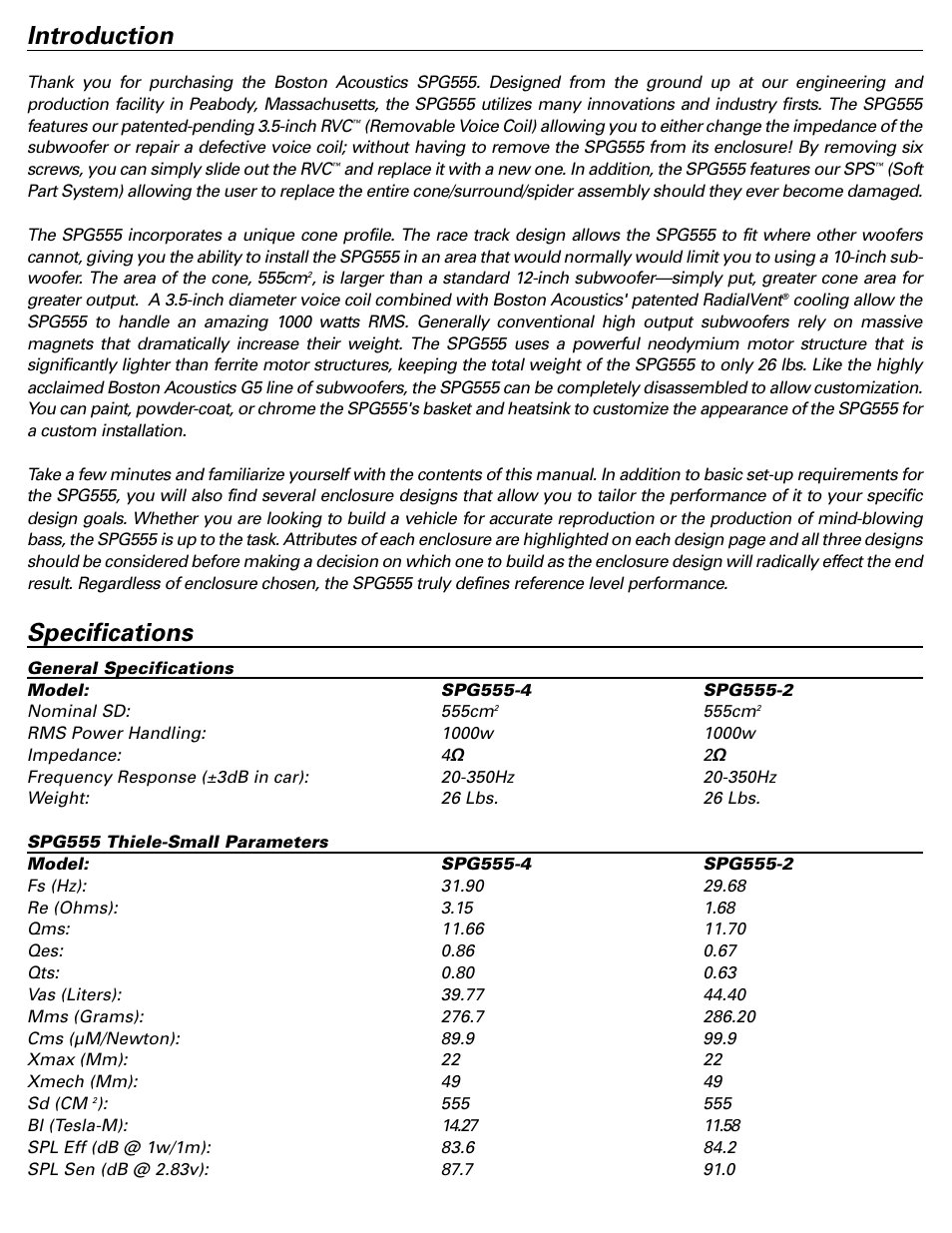 Introduction, Specifications | Boston Acoustics SPG555 User Manual | Page 2 / 8