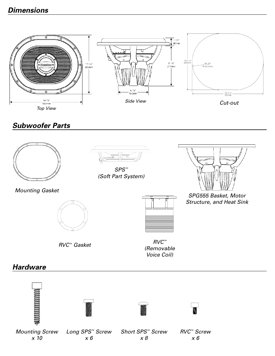 Dimensions, Subwoofer parts, Hardware | Boston Acoustics SPG555 User Manual | Page 3 / 8