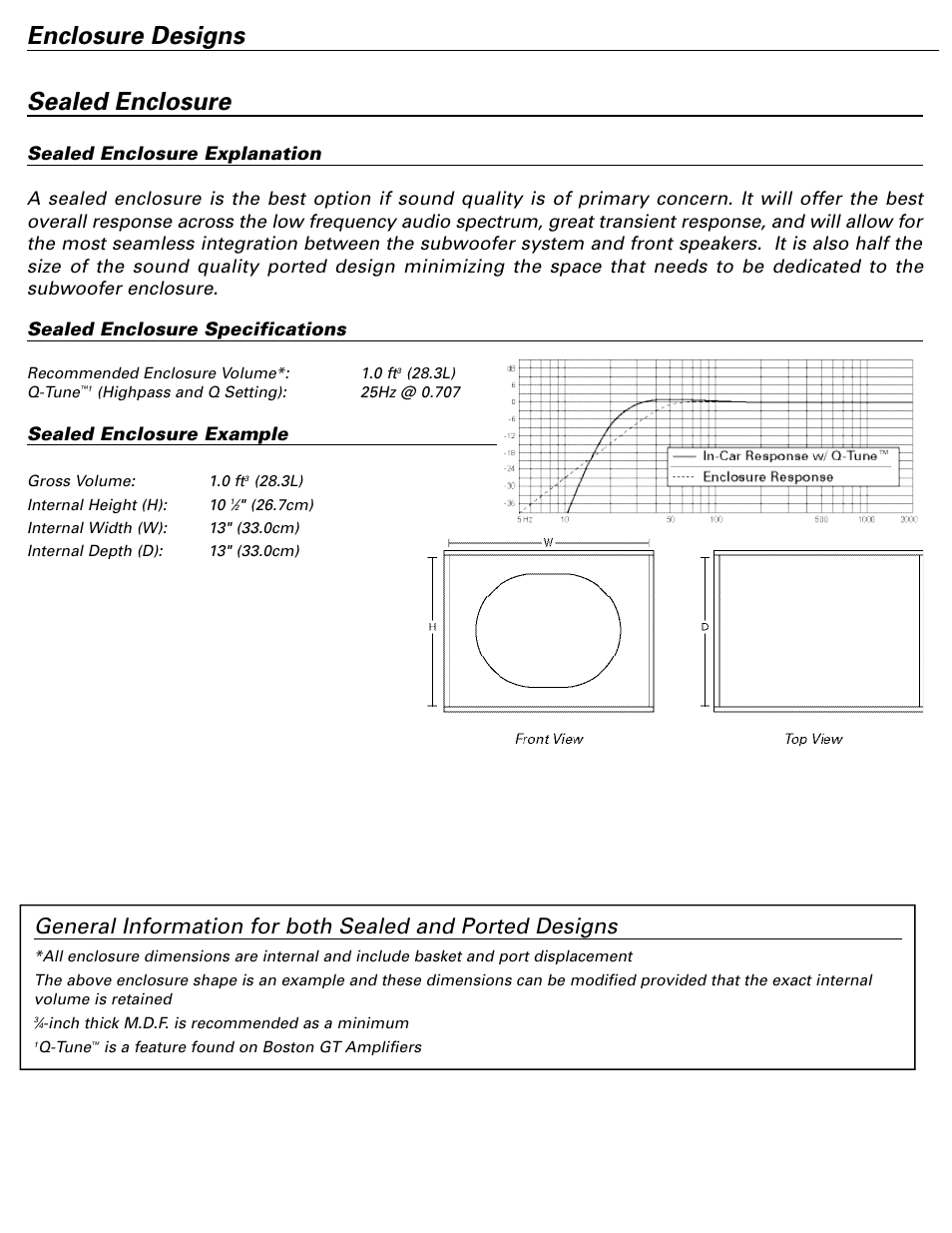 Sealed enclosure, Enclosure designs, Sealed enclosure example | Boston Acoustics SPG555 User Manual | Page 4 / 8