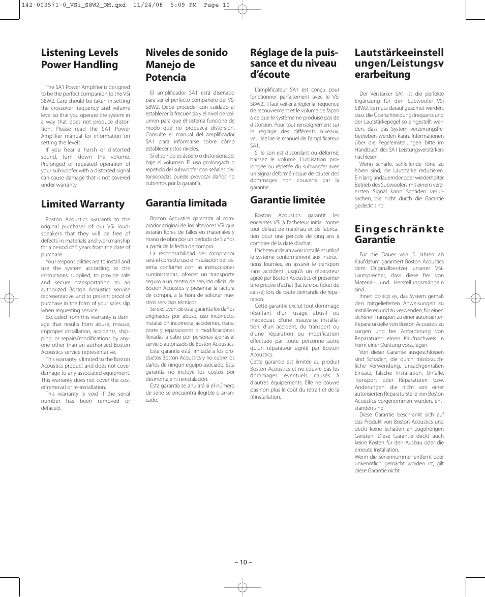 Listening levels power handling, Limited warranty, Niveles de sonido manejo de potencia | Garantía limitada, Lautstärkeeinstell ungen/leistungsv erarbeitung, Réglage de la puis- sance et du niveau d’écoute, Garantie limitée | Boston Acoustics VSi S8W2 User Manual | Page 10 / 12