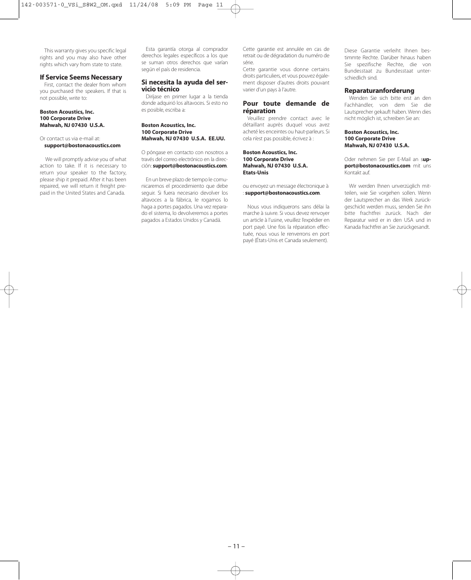 Boston Acoustics VSi S8W2 User Manual | Page 11 / 12