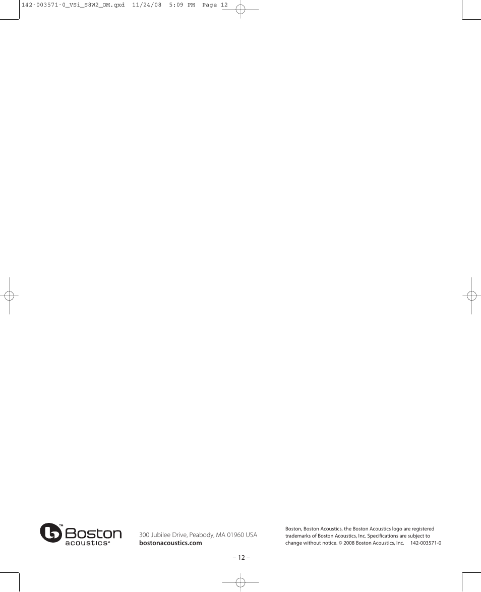 Boston Acoustics VSi S8W2 User Manual | Page 12 / 12
