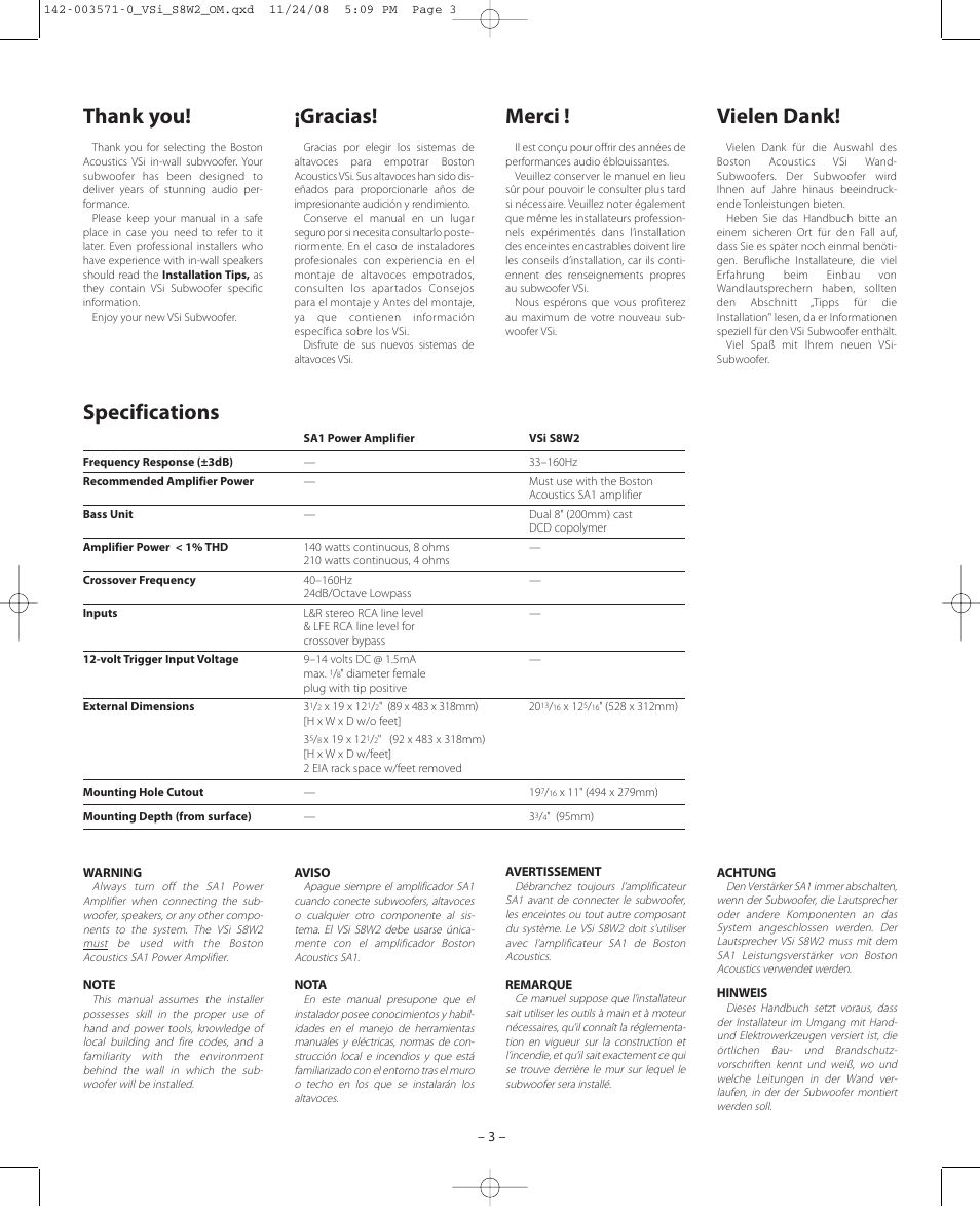 Thank you, Specifications, Gracias | Vielen dank, Merci | Boston Acoustics VSi S8W2 User Manual | Page 3 / 12