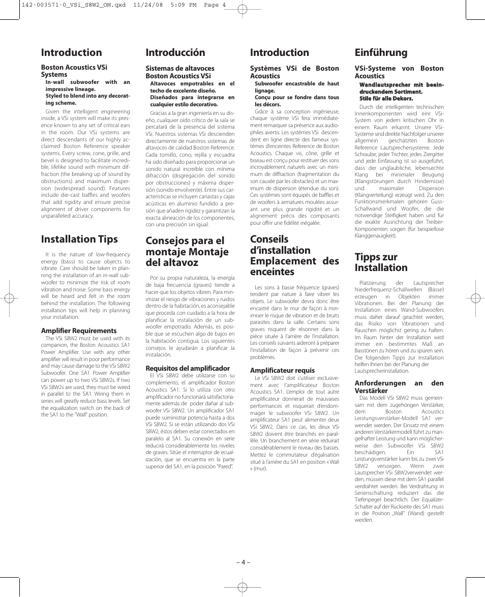 Introduction, Installation tips, Introducción | Consejos para el montaje montaje del altavoz, Einführung, Tipps zur installation, Conseils d’installation emplacement des enceintes | Boston Acoustics VSi S8W2 User Manual | Page 4 / 12