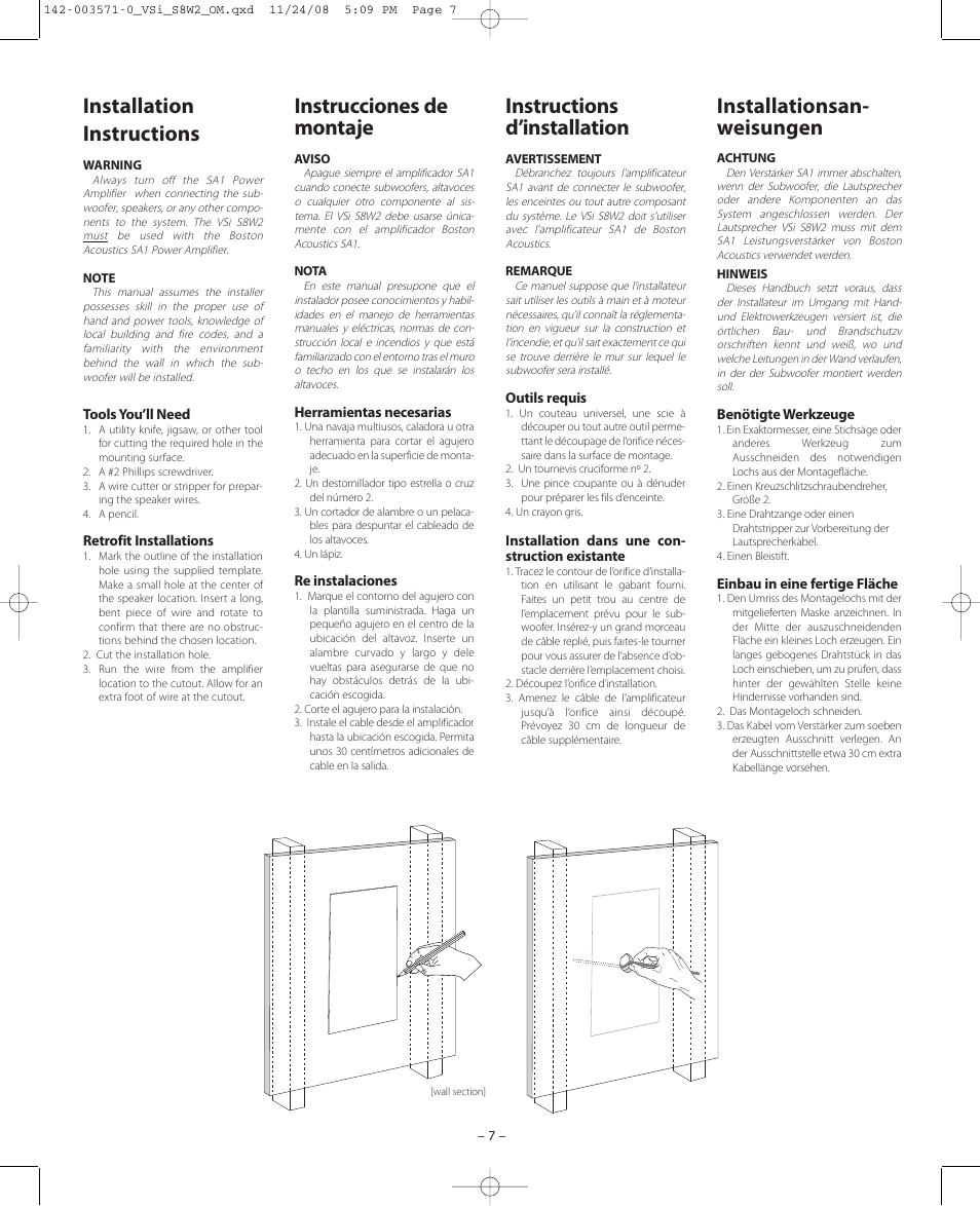 Installation instructions, Instrucciones de montaje, Installationsan- weisungen | Instructions d’installation | Boston Acoustics VSi S8W2 User Manual | Page 7 / 12