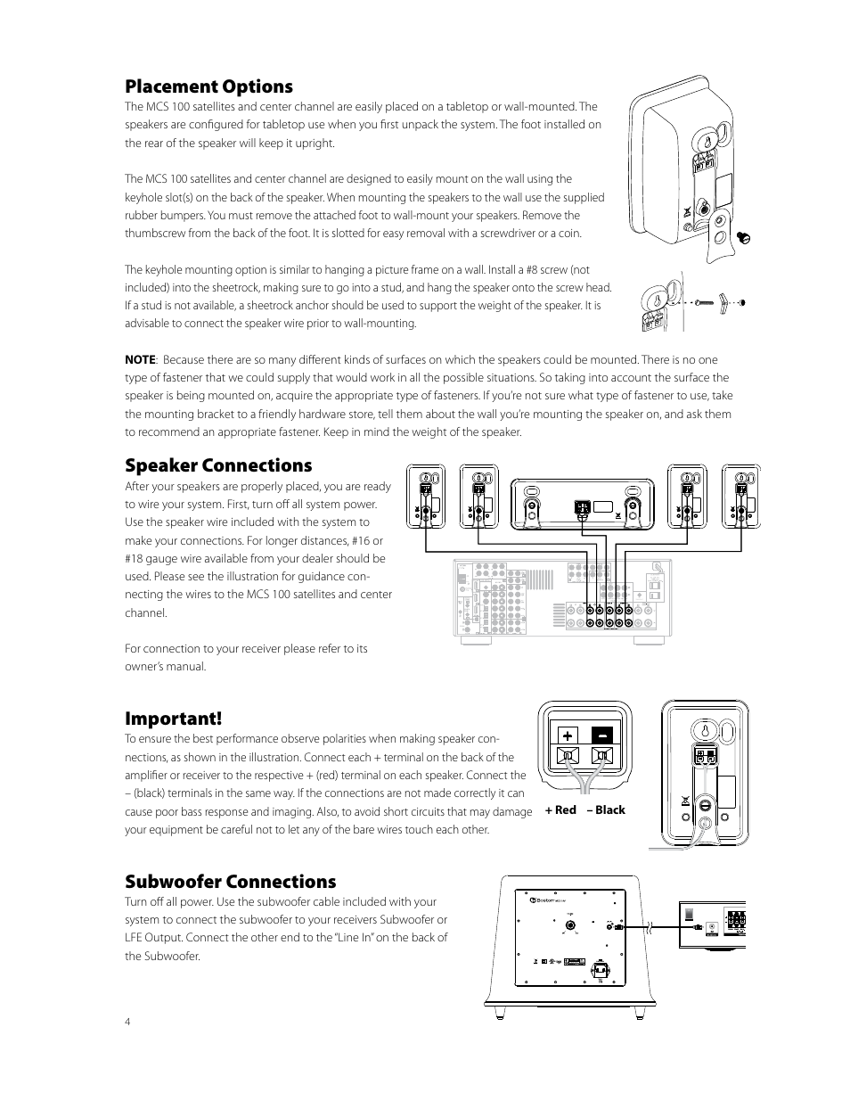 Placement options, Speaker connections, Important | Subwoofer connections | Boston Acoustics Horizon MCS 100 User Manual | Page 4 / 7