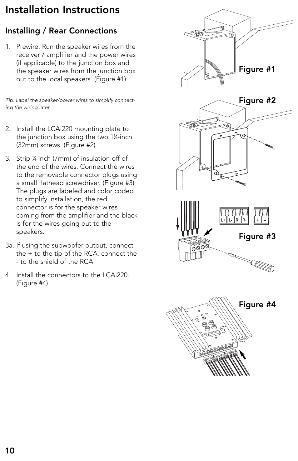 Installation instructions, Installing / rear connections | Boston Acoustics LCAi220 User Manual | Page 11 / 19