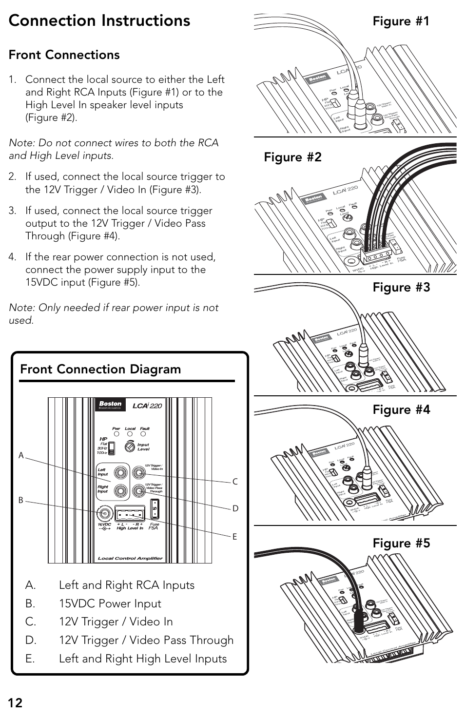 Connection instructions, Front connections, Front connection diagram | Boston Acoustics LCAi220 User Manual | Page 13 / 19