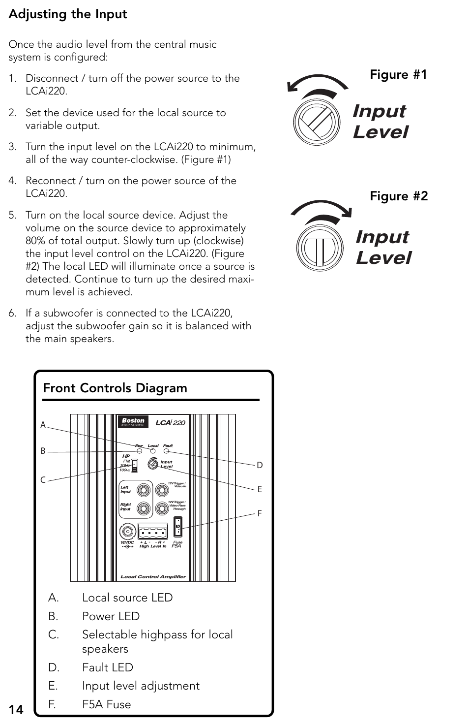 Front controls diagram adjusting the input, Figure #1 figure #2 | Boston Acoustics LCAi220 User Manual | Page 15 / 19