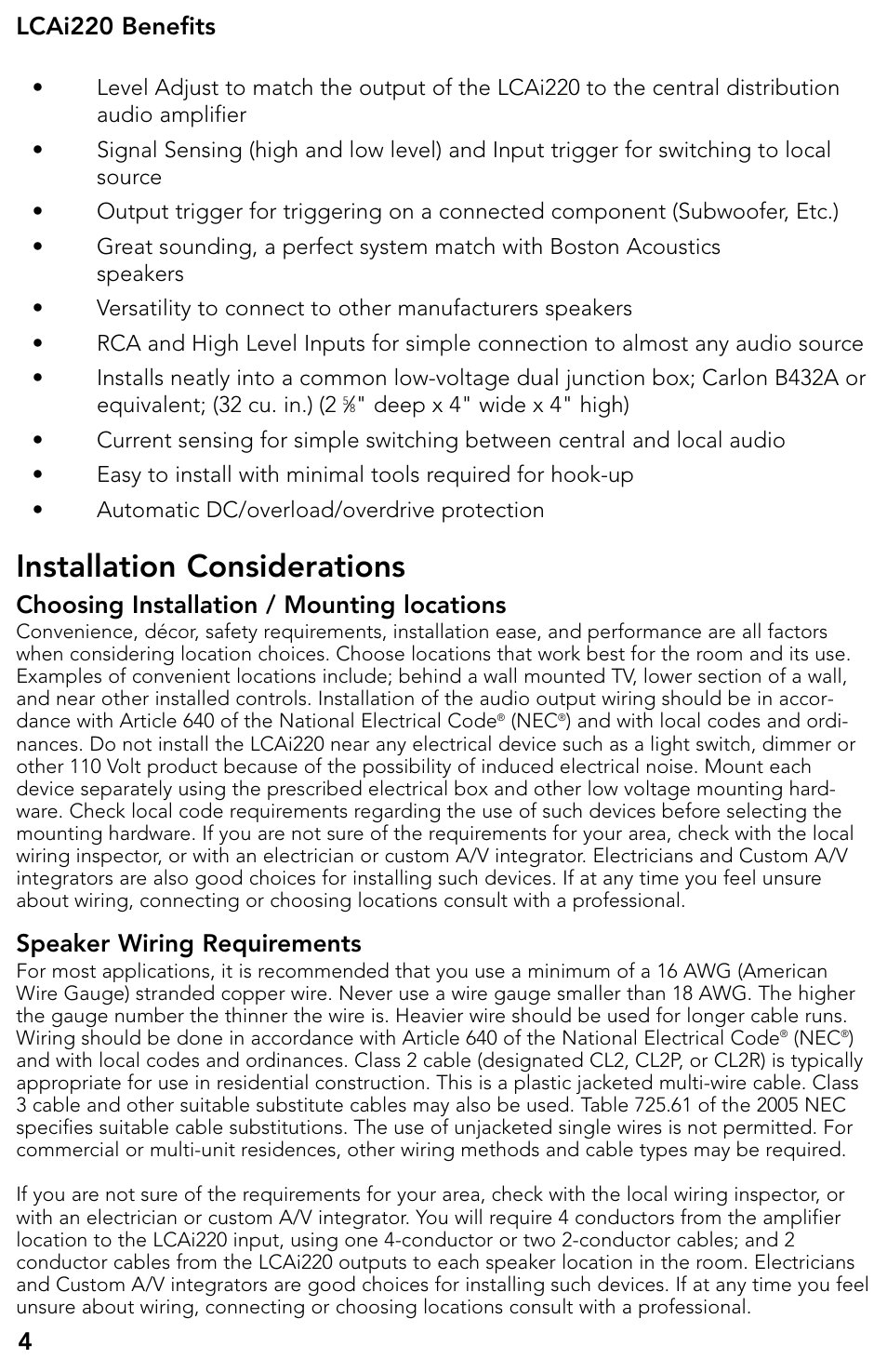 Installation considerations, Choosing installation / mounting locations, Lcai220 benefits | 4speaker wiring requirements | Boston Acoustics LCAi220 User Manual | Page 5 / 19