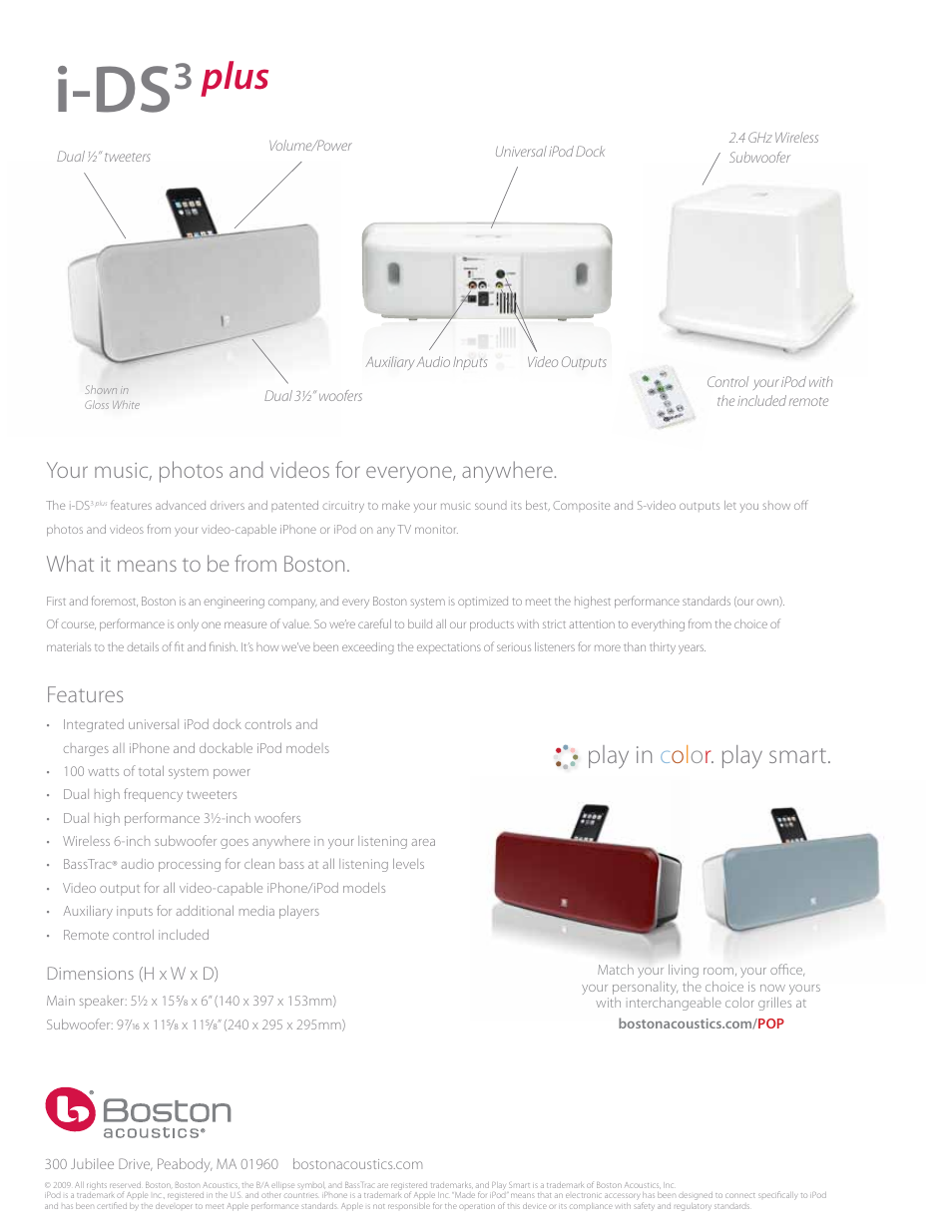 I-ds, 3plus, What it means to be from boston | Features | Boston Acoustics I-DS3 plus User Manual | Page 2 / 2
