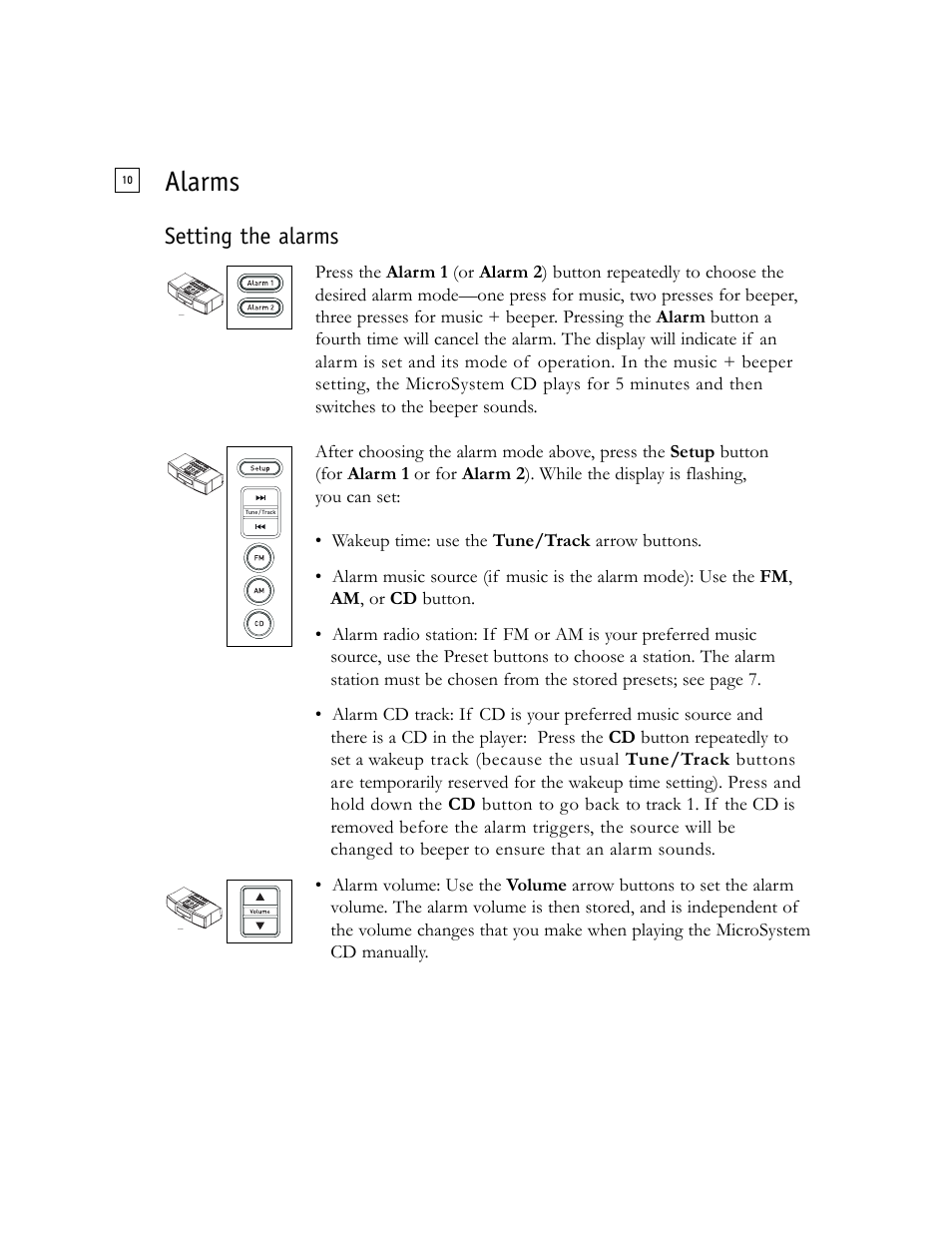 Alarms, Setting the alarms | Boston Acoustics Shelf Stereo System User Manual | Page 10 / 24