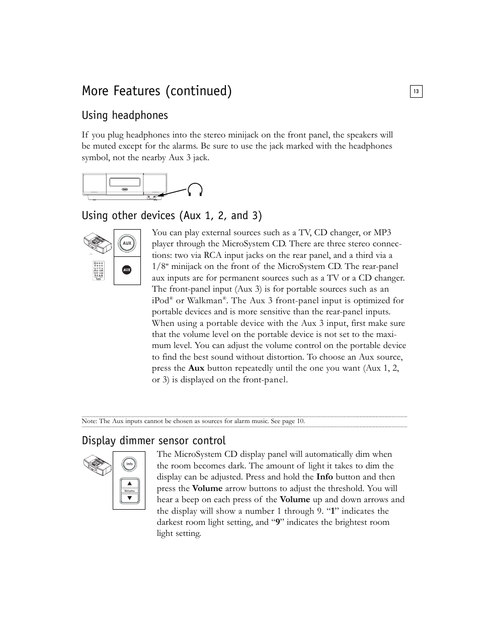 More features (continued), Using headphones, Using other devices (aux 1, 2, and 3) | Display dimmer sensor control | Boston Acoustics Shelf Stereo System User Manual | Page 13 / 24