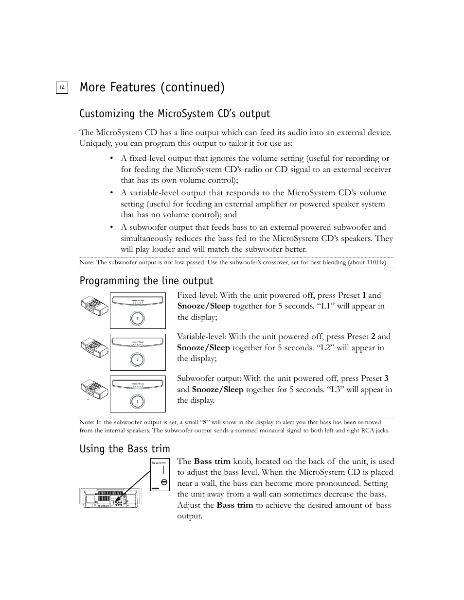 More features (continued), Customizing the microsystem cd’s output, Programming the line output | Using the bass trim | Boston Acoustics Shelf Stereo System User Manual | Page 14 / 24