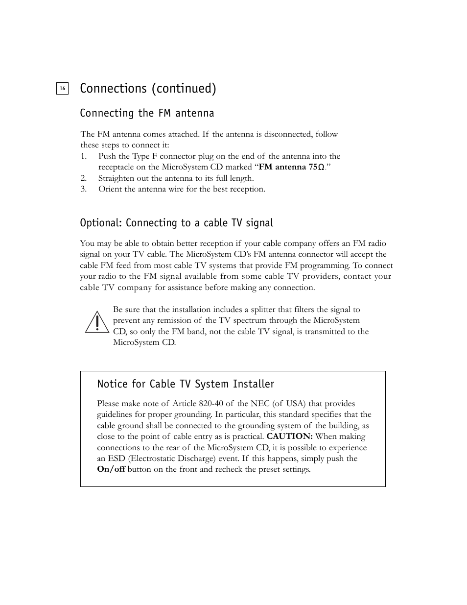 Connections (continued), Notice for cable tv system installer | Boston Acoustics Shelf Stereo System User Manual | Page 16 / 24