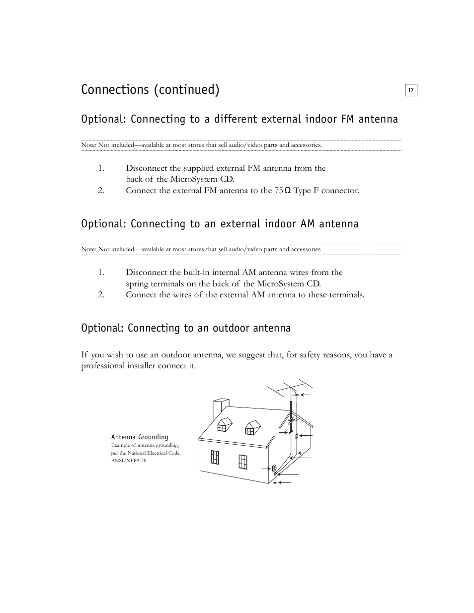 Connections (continued), Optional: connecting to an outdoor antenna | Boston Acoustics Shelf Stereo System User Manual | Page 17 / 24