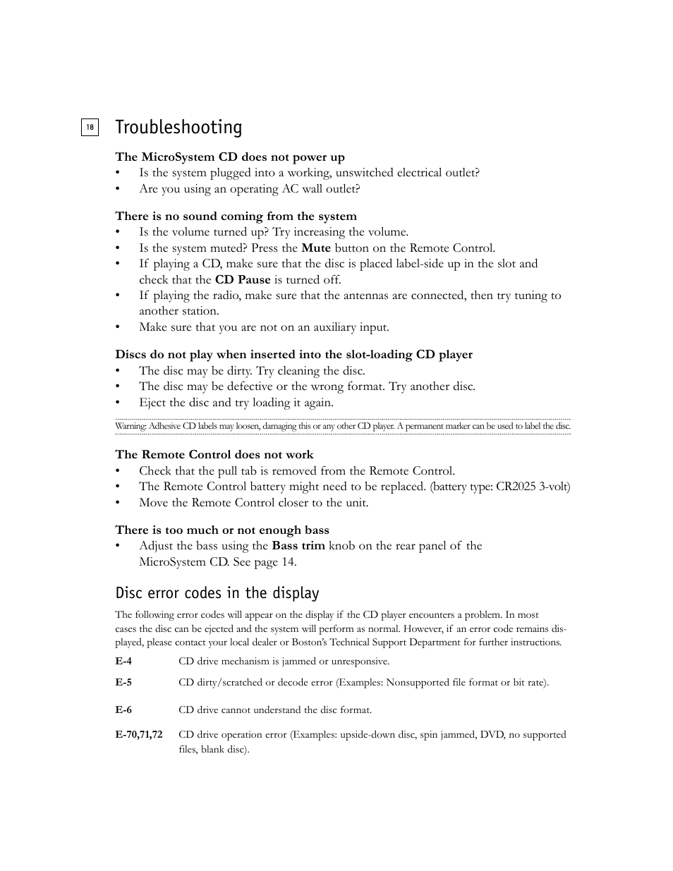 Troubleshooting, Disc error codes in the display | Boston Acoustics Shelf Stereo System User Manual | Page 18 / 24