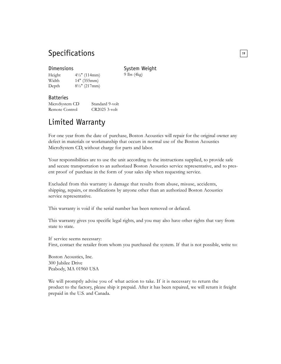 Specifications, Limited warranty | Boston Acoustics Shelf Stereo System User Manual | Page 19 / 24