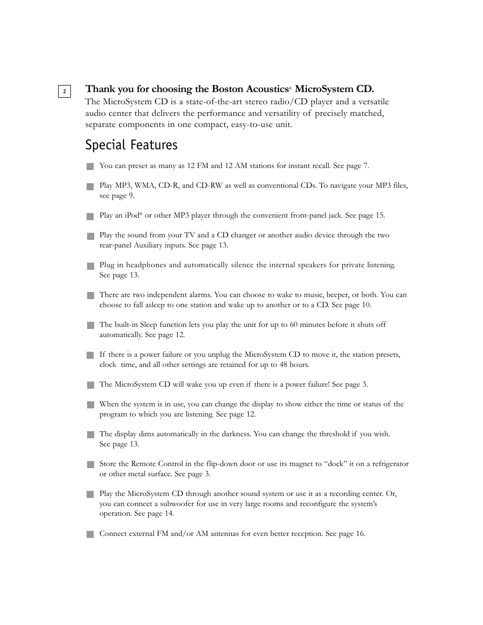 Special features, Microsystem cd | Boston Acoustics Shelf Stereo System User Manual | Page 2 / 24