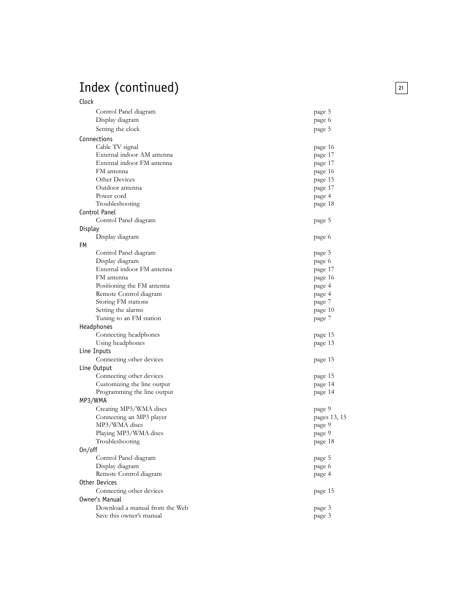 Index (continued) | Boston Acoustics Shelf Stereo System User Manual | Page 21 / 24